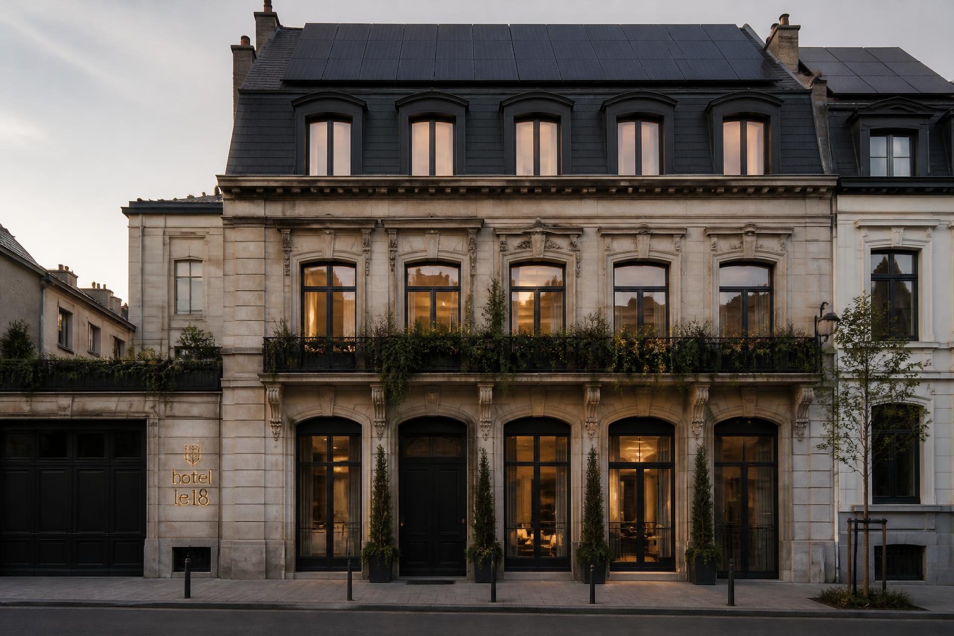 Renovated historic Brussels townhouse hotel facade at golden hour